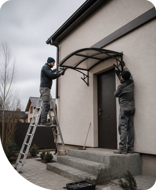 Изготовление и монтаж козырька над дверью для дома в Тихорецке